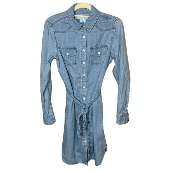 Draper James Dress 4 Small Blue Denim Tie Waist Button Front Long Sleeve Chambry - Picture 1 of 9